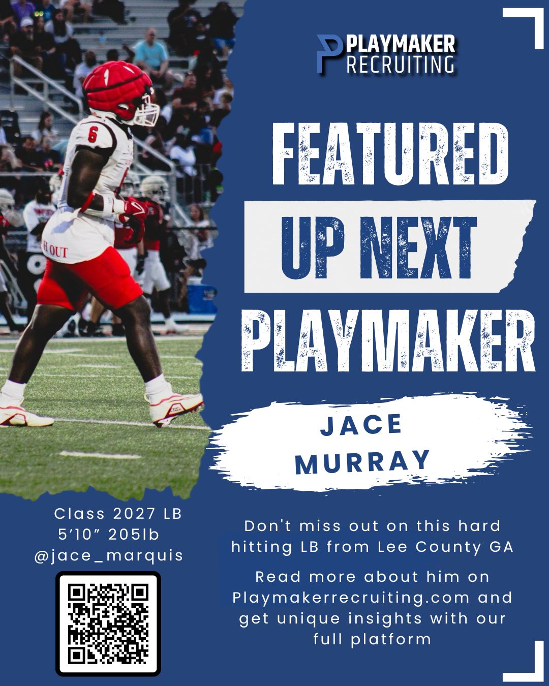 Football player Jace Murray in red and white uniform walking on field with text about him being a featured playmaker linebacker from Lee County GA.