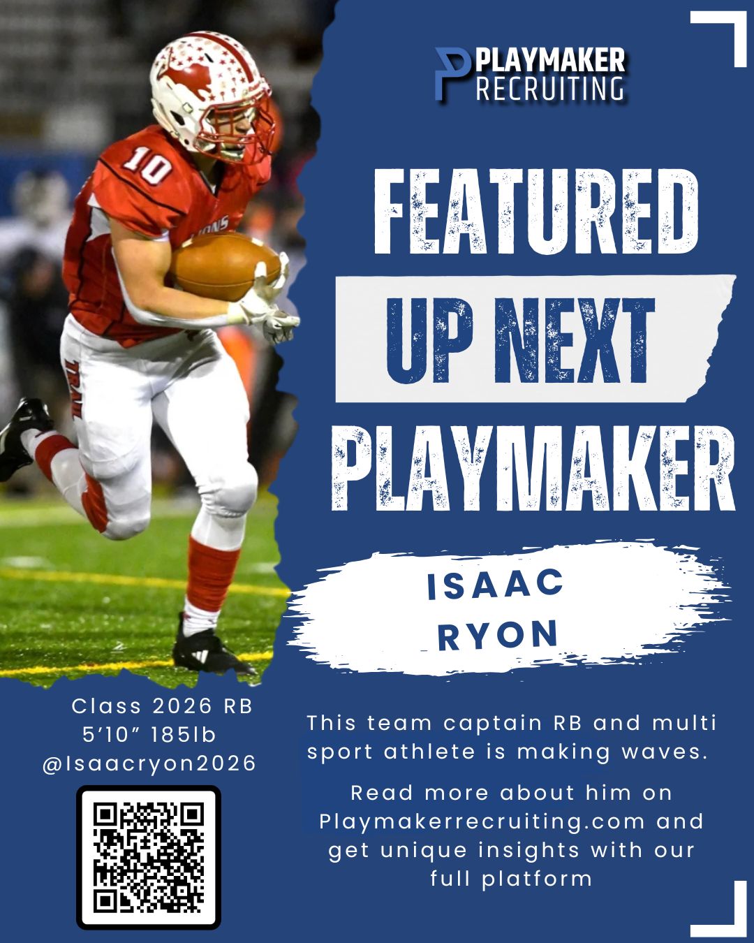 Football player Isaac Ryon running with the ball during a game, promotional graphic for Playmaker Recruiting.