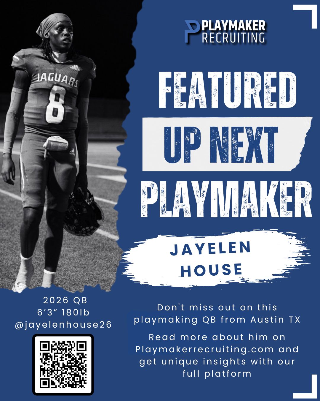 Black and white photo of football player Jayelen House in Jaguars uniform holding helmet, with recruitment details and QR code on navy blue background.