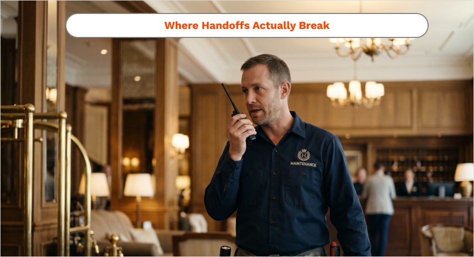 Hotel staff using a walkie-talkie in a lobby for team coordination