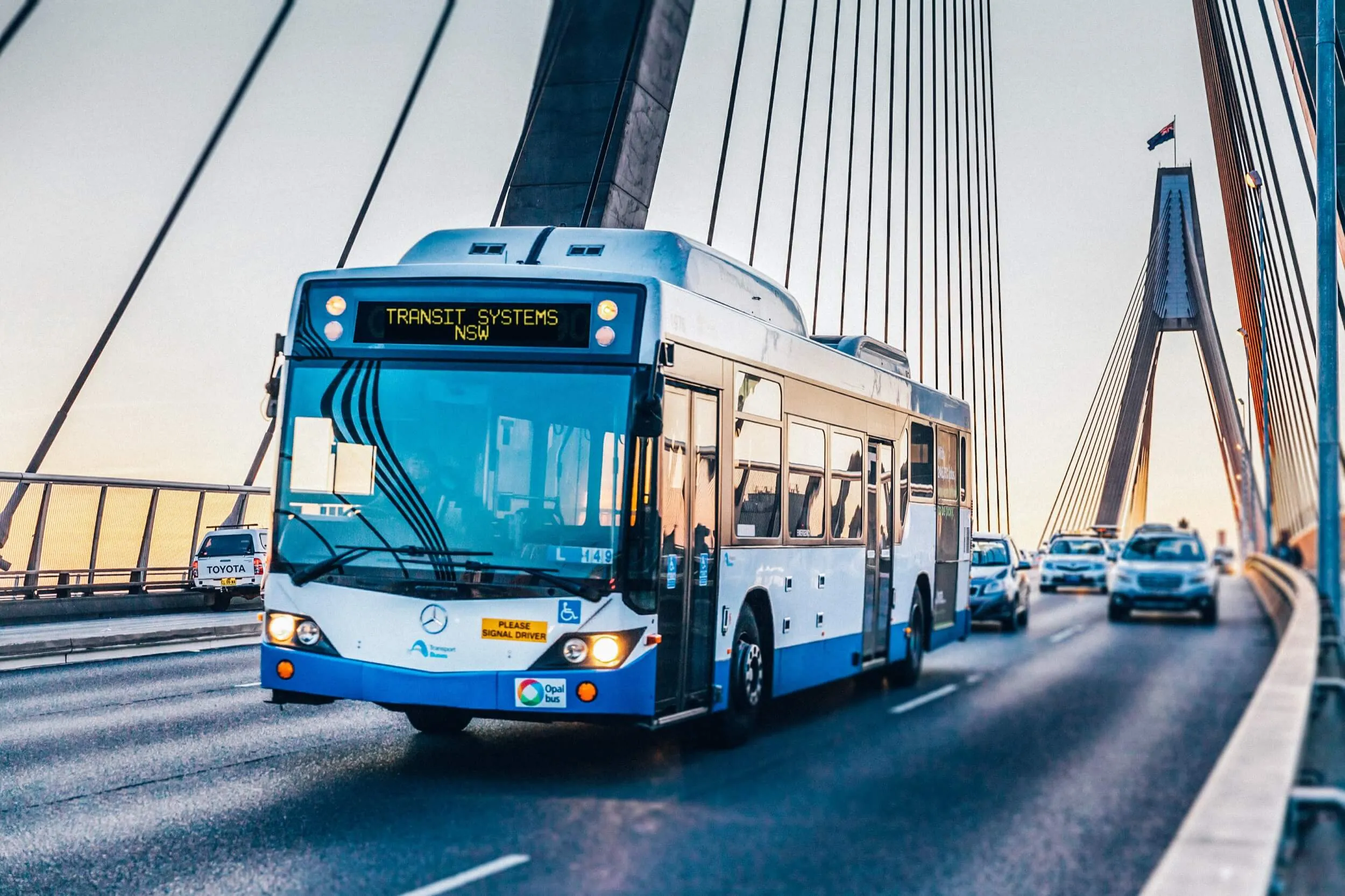 White and blue Sydney transit bus on a suspension bridge with cars around at sunset.