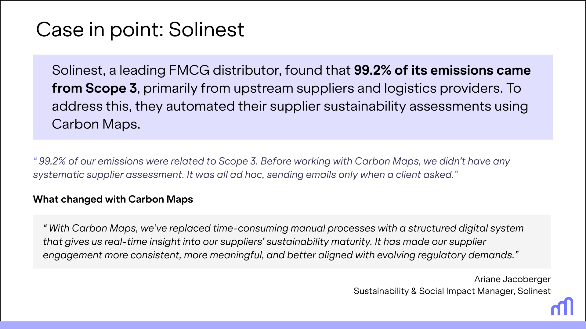Excerpt from Solinest case study showing 99.2% of emissions from Scope 3 and how Carbon Maps helped