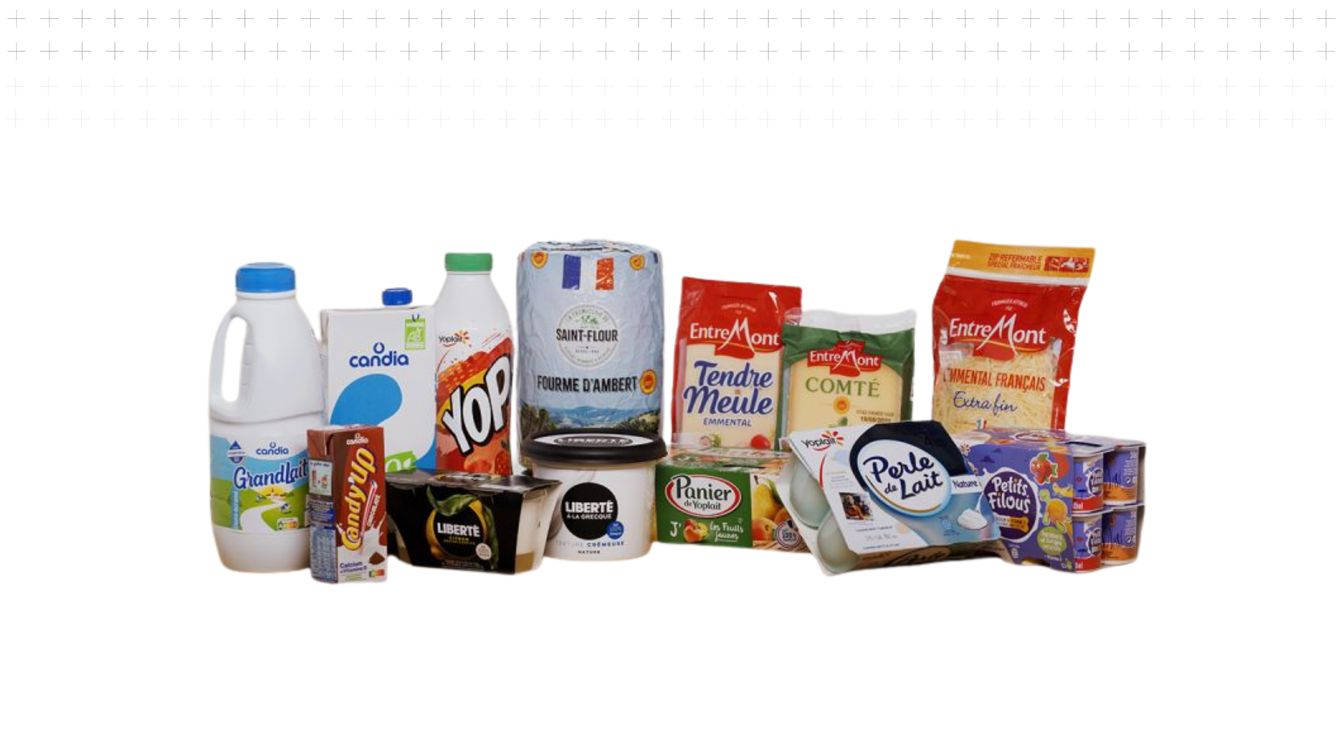 A line-up of products from multiple brands by SODIAAL: Candia, Yoplait, Entremont
