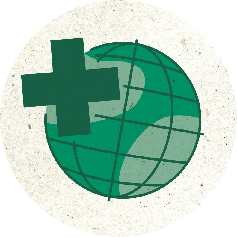 Icon illustration of a plus cross on a globe, symbolising restorative presence.