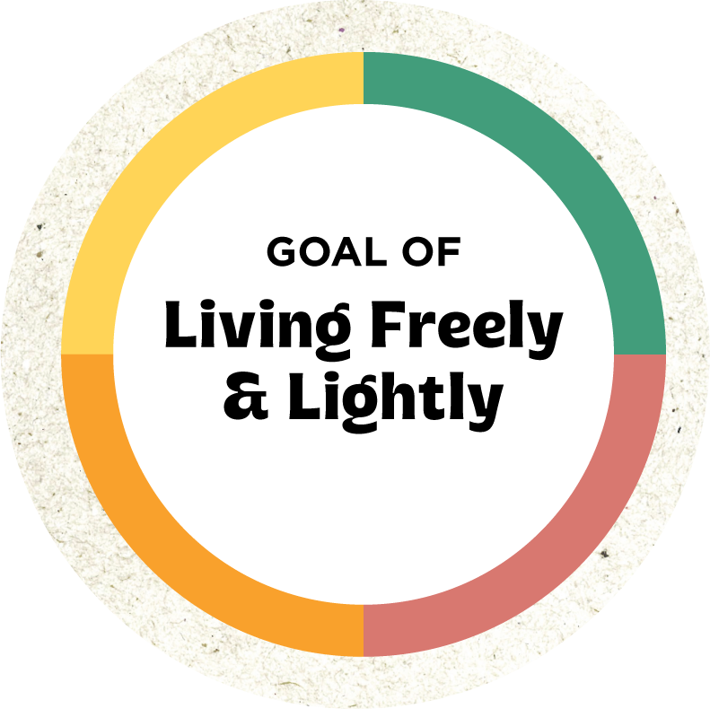 Circle split evenly into four colours (yellow in the top left, green in the top right, red in the bottom right, and orange in the bottom left) with a smaller white circle in the center with text saying "goal of living freely and lightly".