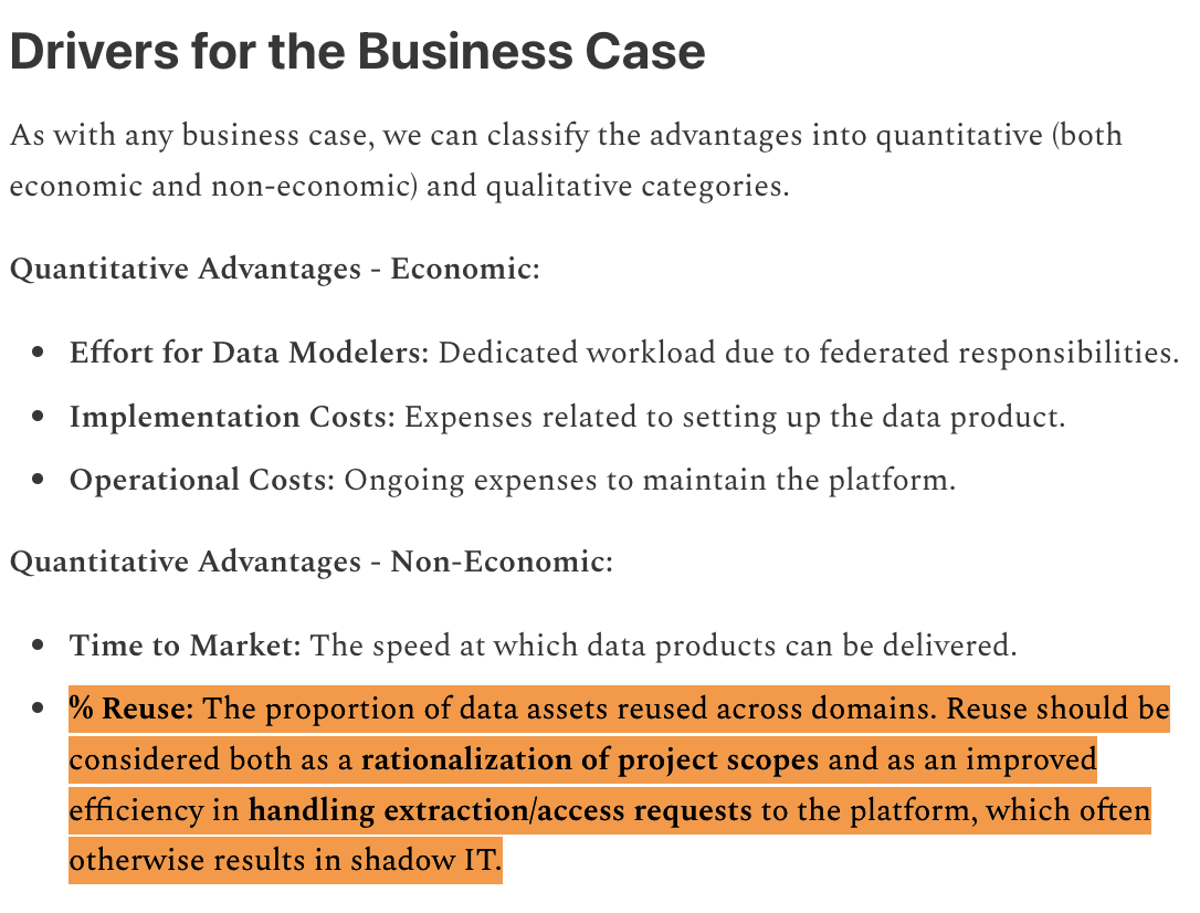 The image shows an excerpt that describes the value of reusability of data assets as a business leverage and how reusability is a key driving metric enabling real economic and quantitative advantages.