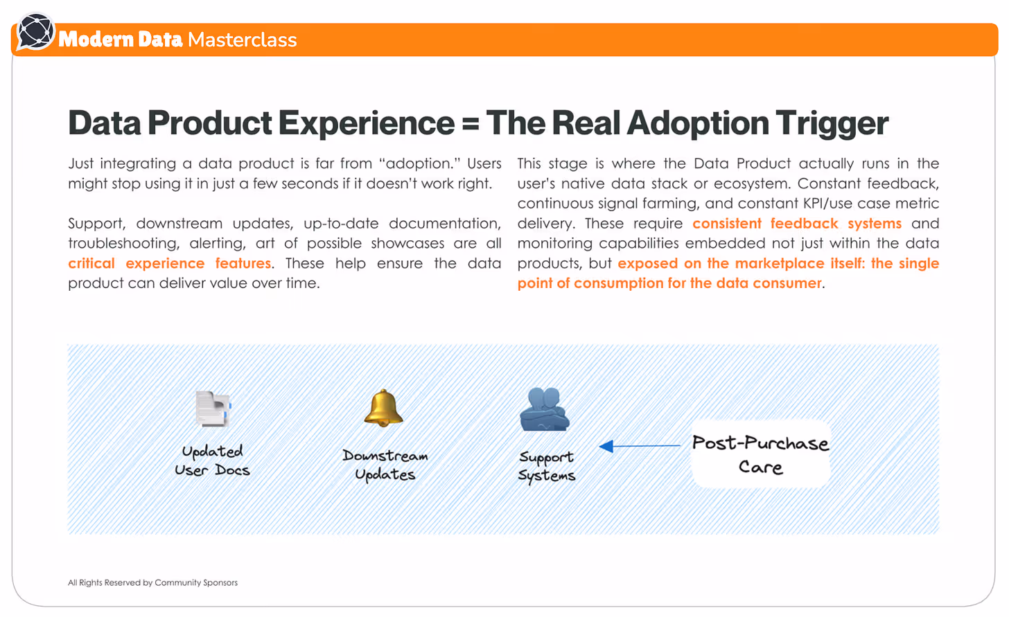 This image depicts how just data product integration won't work as a long-term solution. There are a lot of other other attributes that complete the overall data product experience such as updated documentation, troubleshooting and more. 