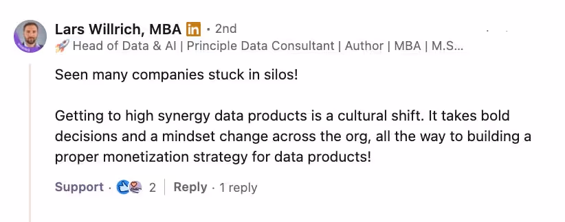The image shows a LinkedIn comment from a Head of Data and AI, mentioning how reaching for synergistic data products is a cultural shift in itself.