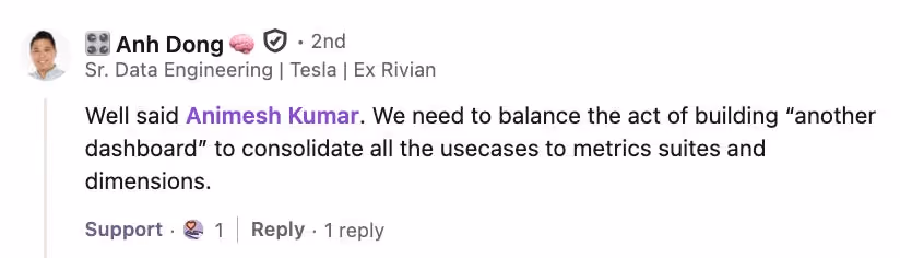 This image shows a LinkedIn comment from a Senior Data Engineer, resonating how it is important to balance the development of dashboards to different metrics and dimensions.