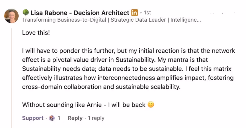 The image shows a comment by a Decision Architect from a LinkedIn conversation on the relationship between data and sustainability.
