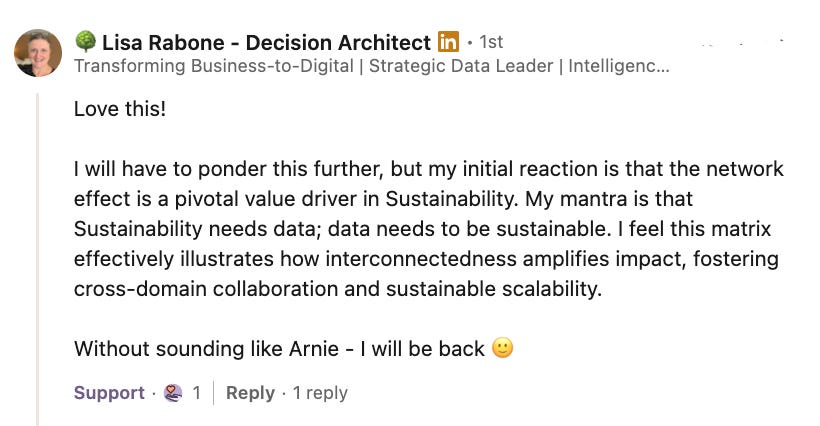 The image shows a comment by a Decision Architect from a LinkedIn conversation on the relationship between data and sustainability.