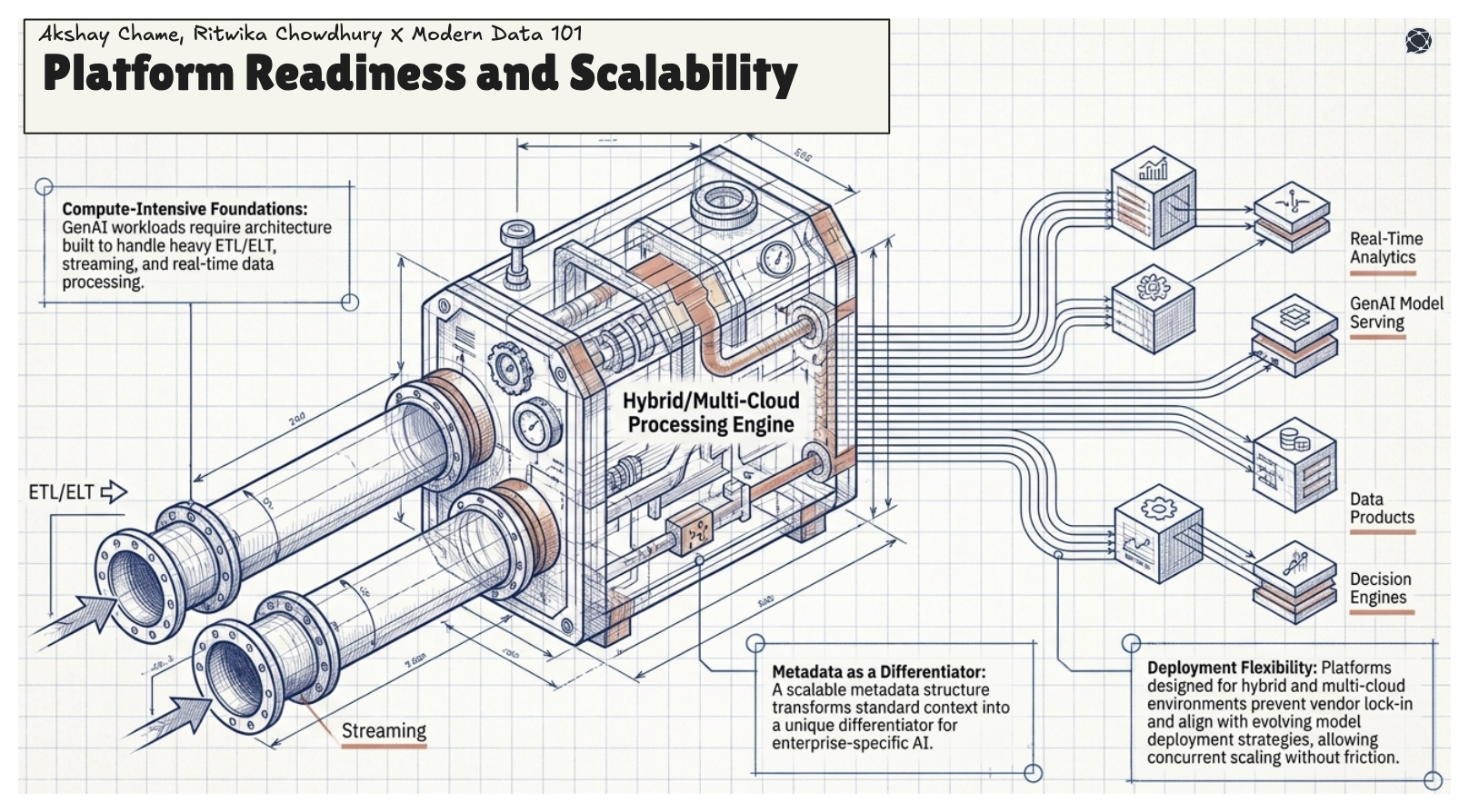 Blueprint of a hybrid multi-cloud data engine ingesting ETL/ELT and streaming, powering analytics, GenAI, data products, and decisions.