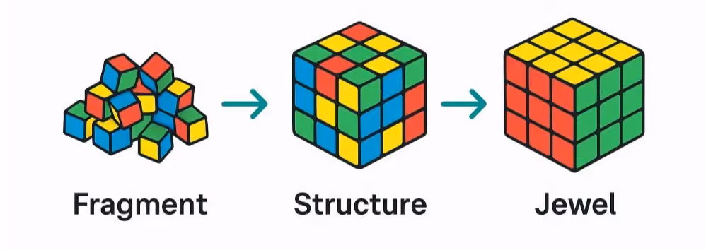 Illustration showing the three stages of data maturity: Fragment, transforming into Structure, which then transforms into Jewel. This visually represents the transformation from chaotic data to governed, AI-Ready data.