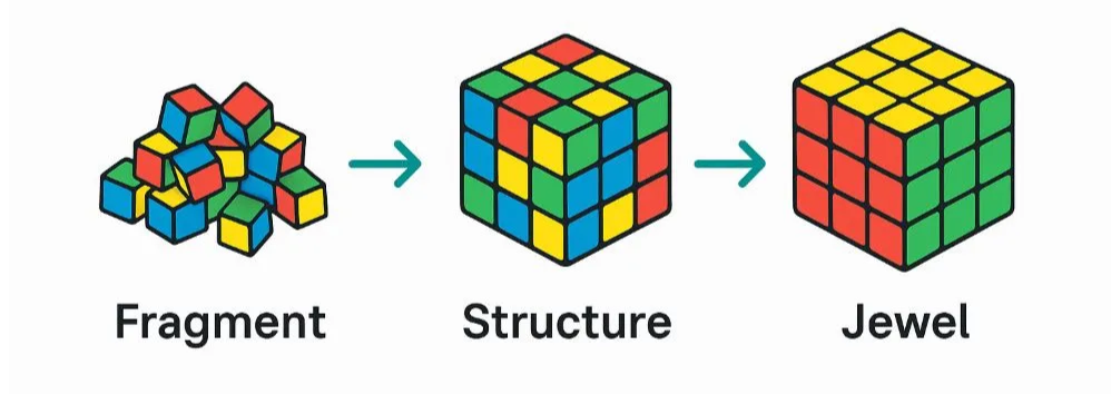  Illustration showing the three stages of data maturity: Fragment, transforming into Structure, which then transforms into Jewel. This visually represents the transformation from chaotic data to governed, AI-Ready data.