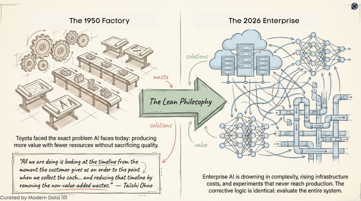 A side-by-side comparison of a 1950s Toyota factory floor and a complex 2024 AI enterprise infrastructure, joined by an arrow labelled "The Lean Philosophy | Modern Data 101