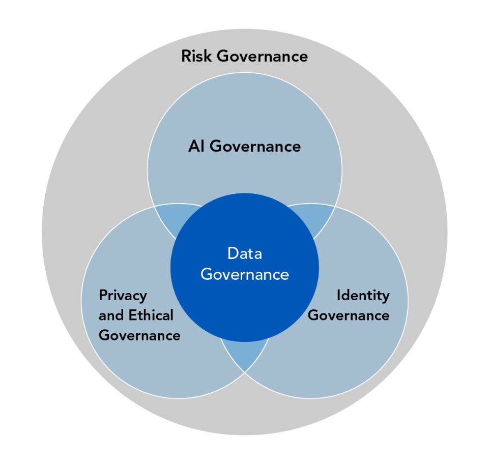 Venn diagram showing Data Governance at the centre of AI, Risk, Privacy, and Identity Governance.