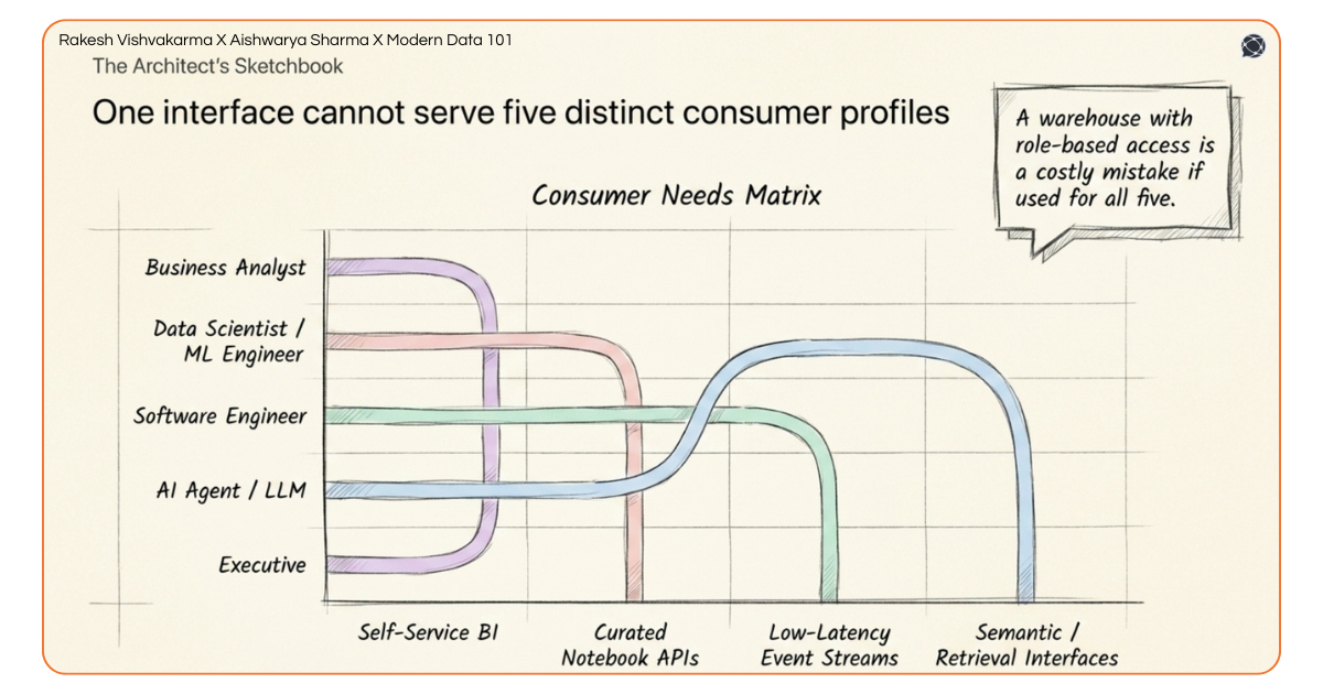 A matrix chart showing how different user profiles, from software engineers to LLMs, require different data retrieval interfaces | Modern Data 101