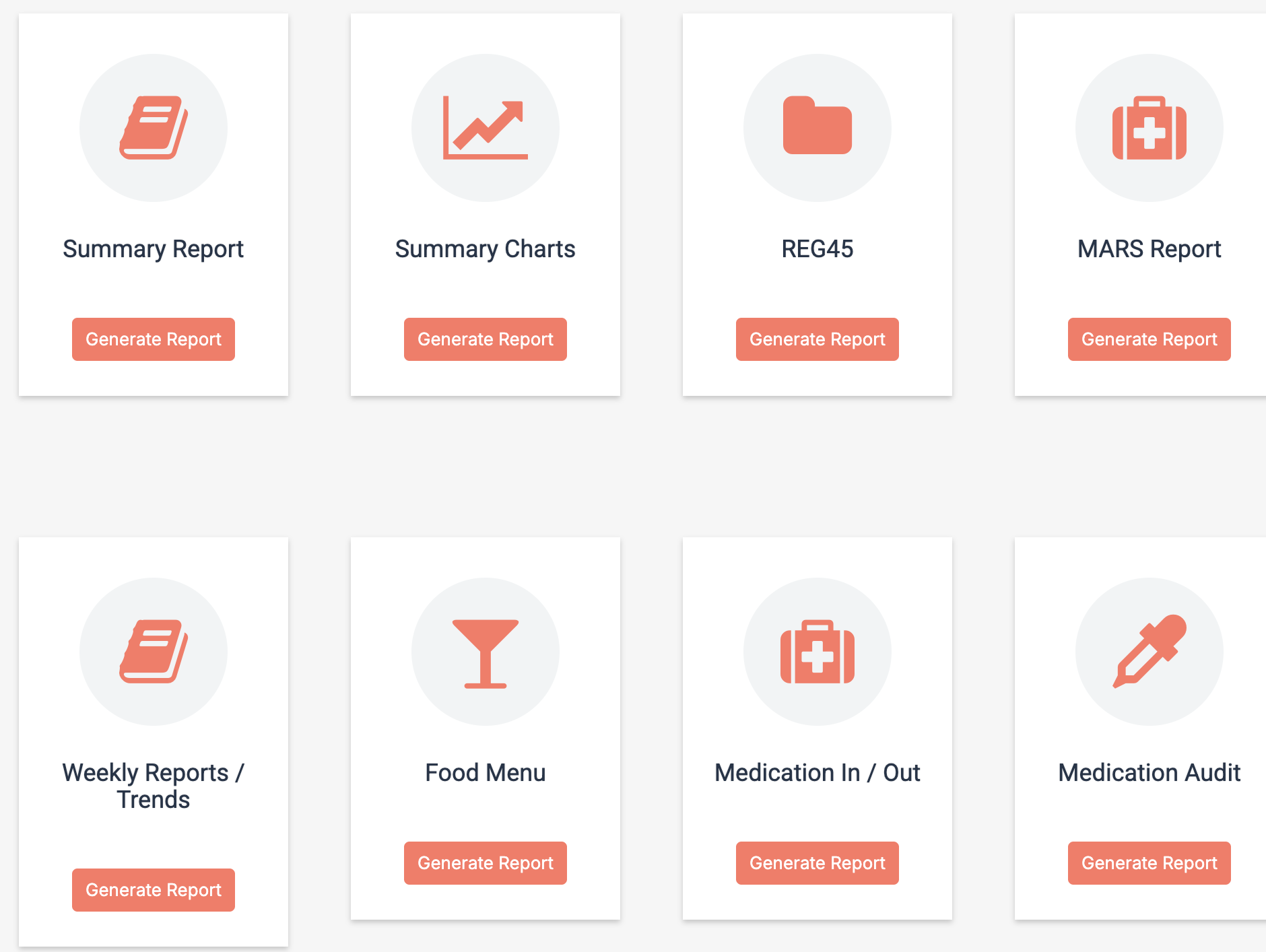 Care reporting software in OVcare, instant Regulation 45, MARS, medication audit and trend reports