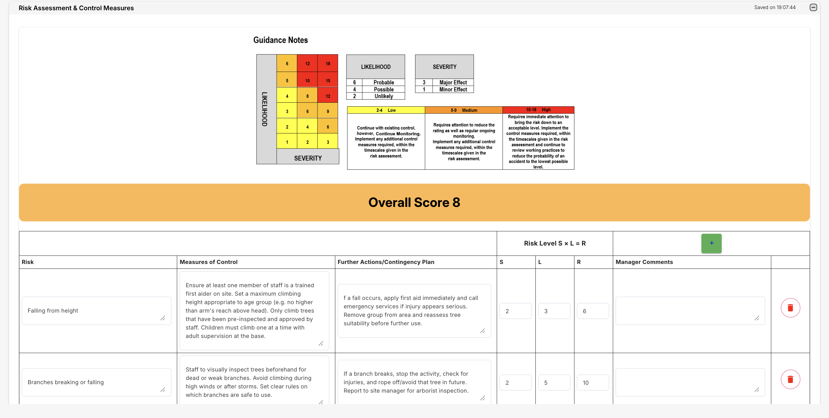 Risk assessment software in OVcare with likelihood and severity scoring for regulated care settings