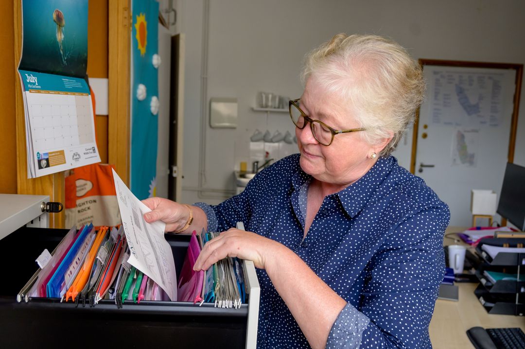 A member of staff searching through paper files in an office filing cabinet drawer