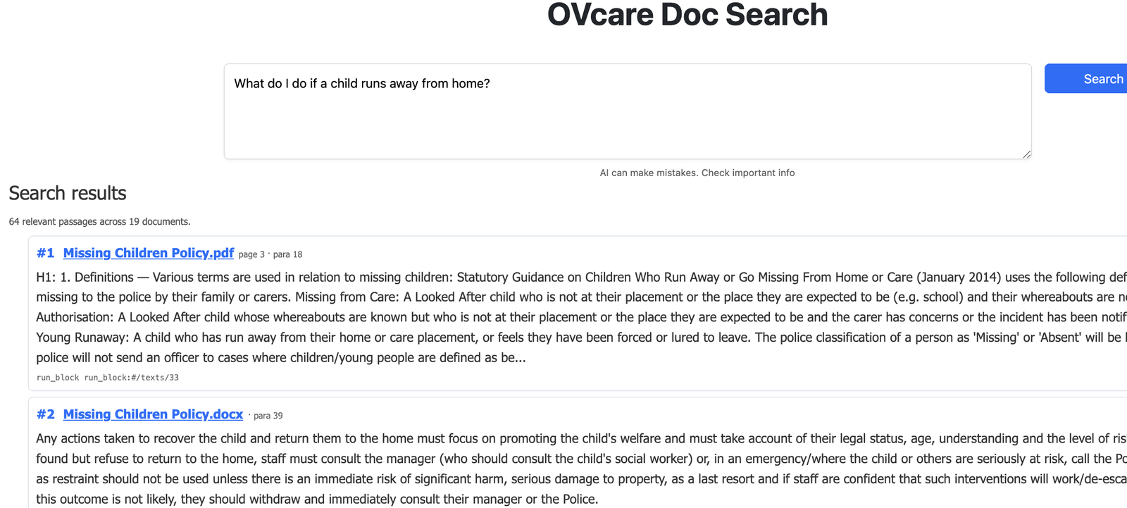 OVcare document search answering the question what do I do if a child runs away from home, returning passages from the home's missing children policy with page and paragraph references