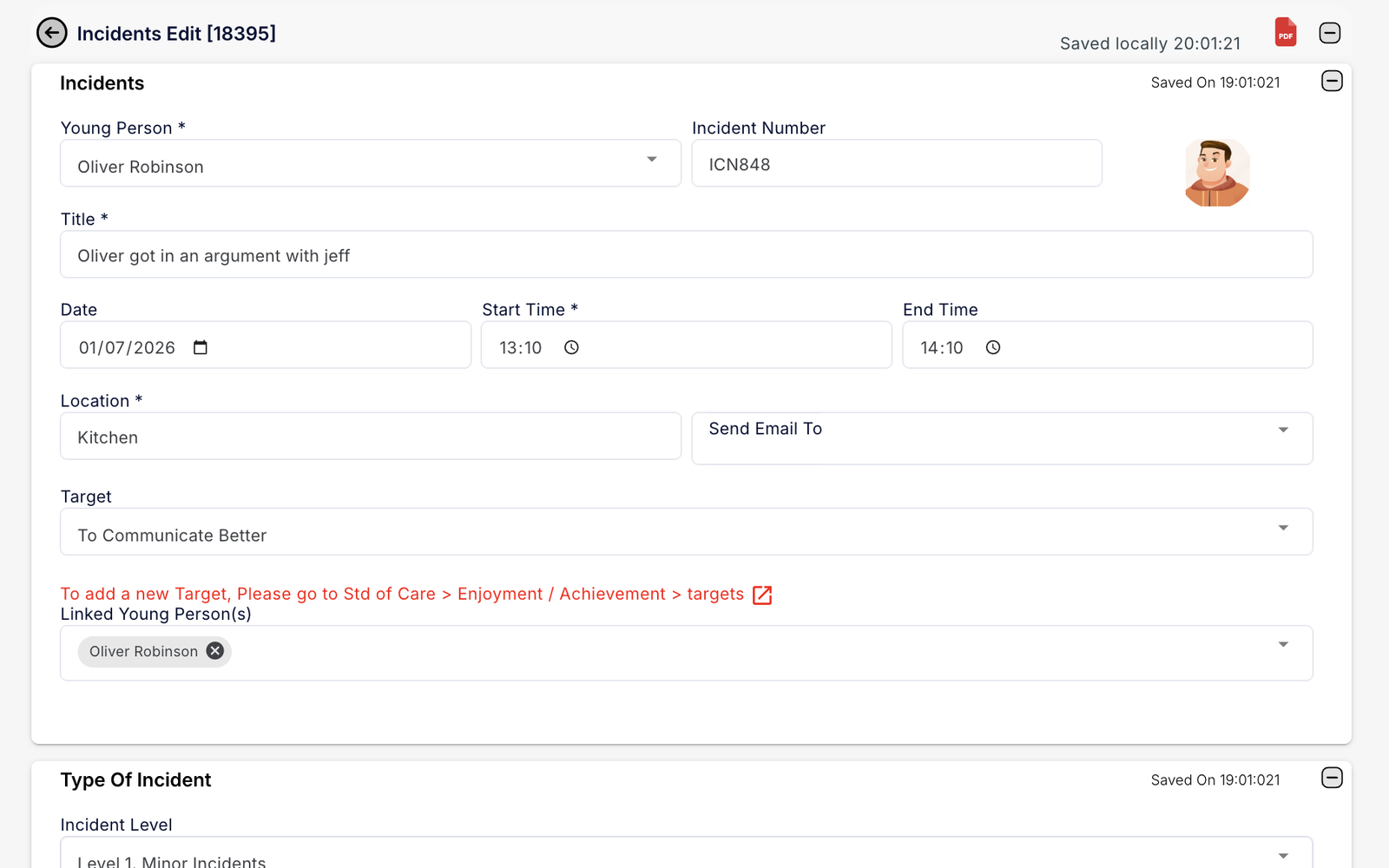 OVcare incident form showing structured fields for the young person, incident number, title, date, times, location, target and linked young people