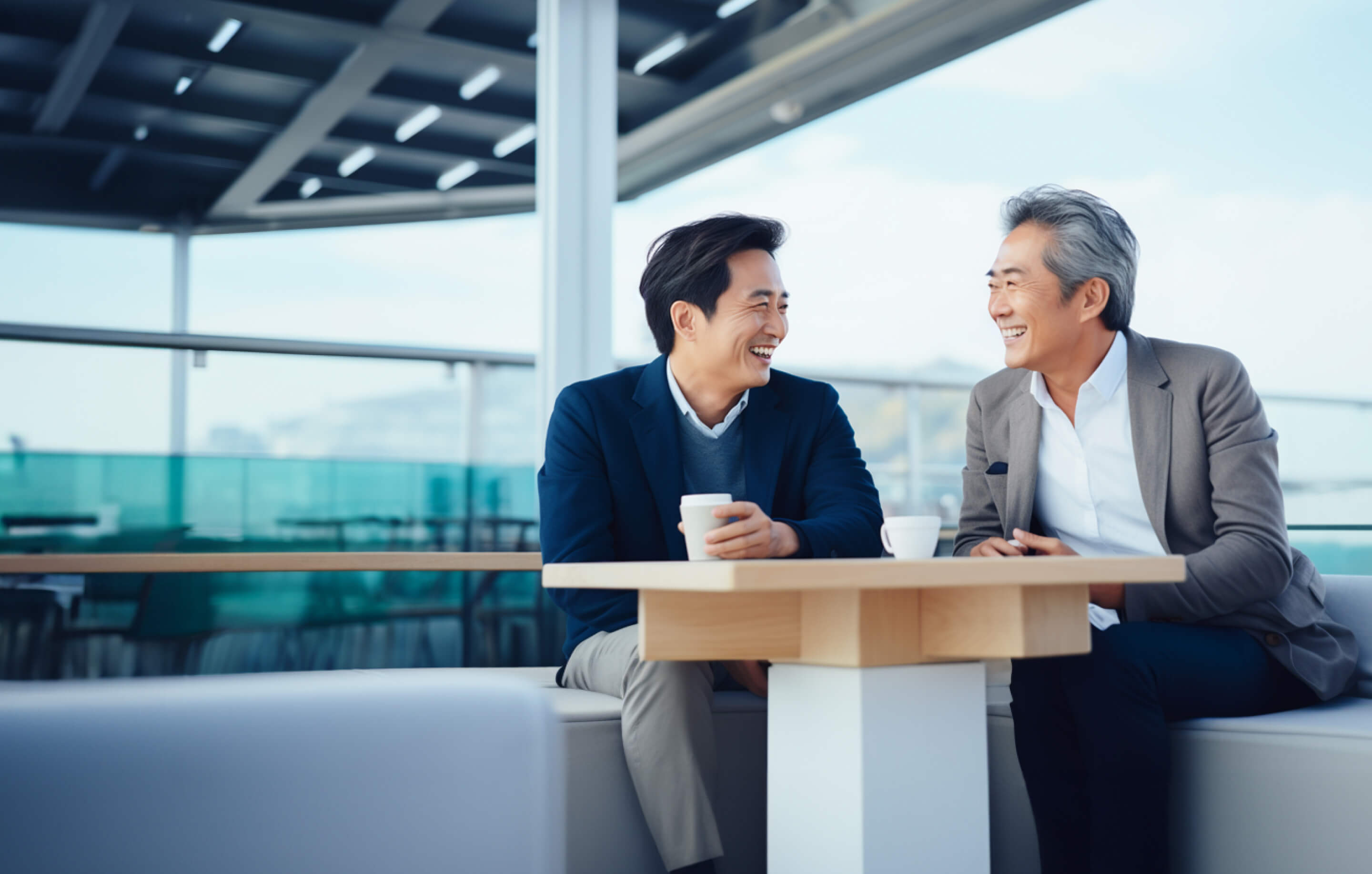 Two men sitting at a table discussing business matters.