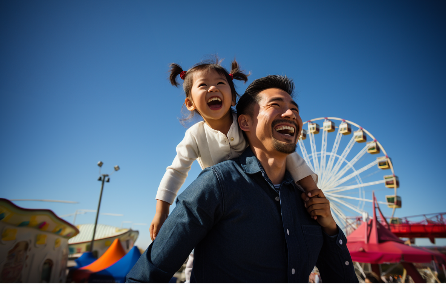 A father and his daughter enjoy a fun-filled day in a theme park.