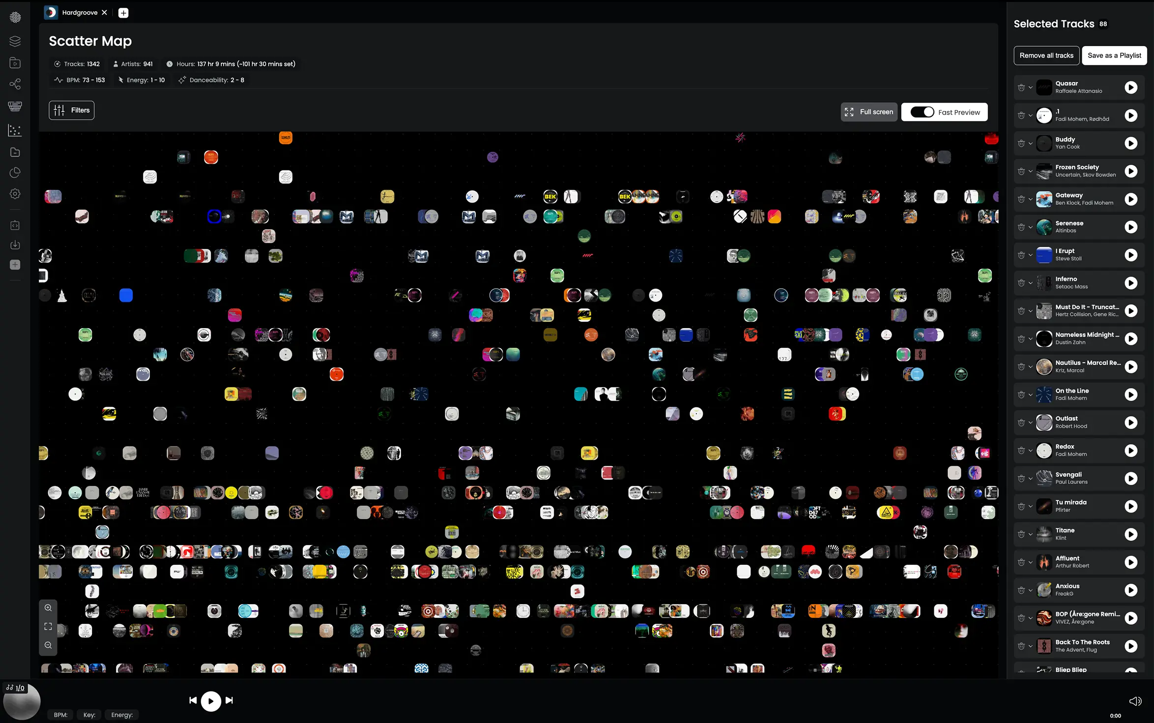 Djoid Scatter Map showing a DJ collection as a visual landscape