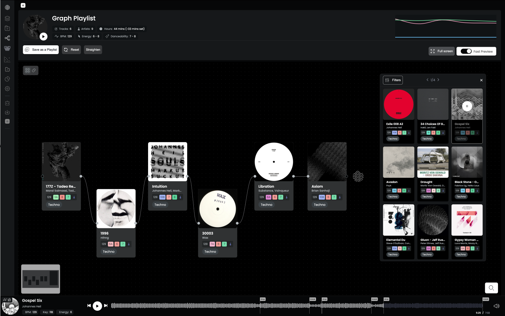 Djoid Graph Playlist exploring compatible tracks around a starting record