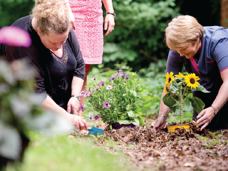 Two women planting flowers in a garden, one placing a sunflower into the soil while the other digs with a small trowel. A third person stands nearby wearing a pink skirt.