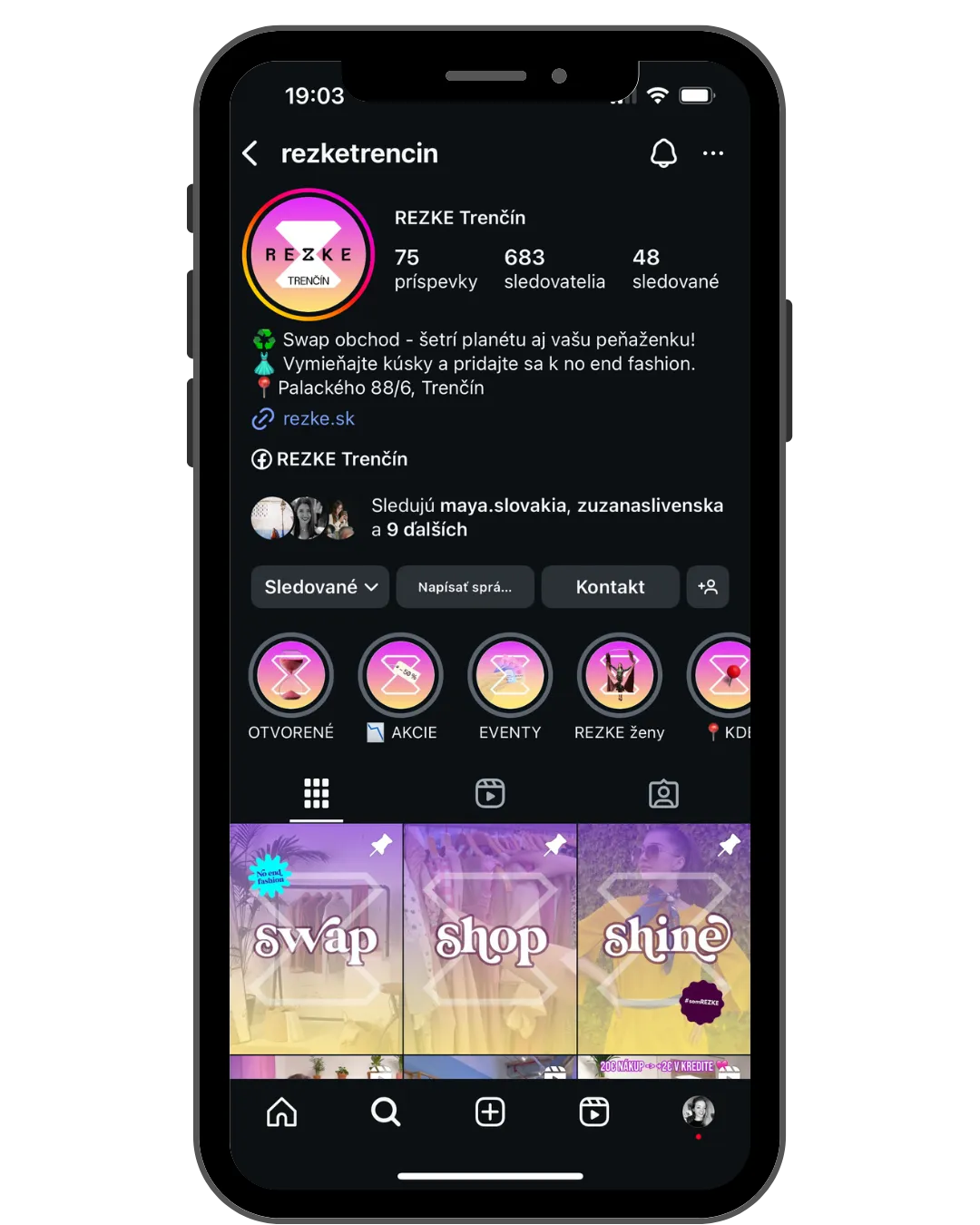 Ukážka zjednoteného profilu na Instagrame pre značku, ktorá ma niekoľko franšíz - REZKE