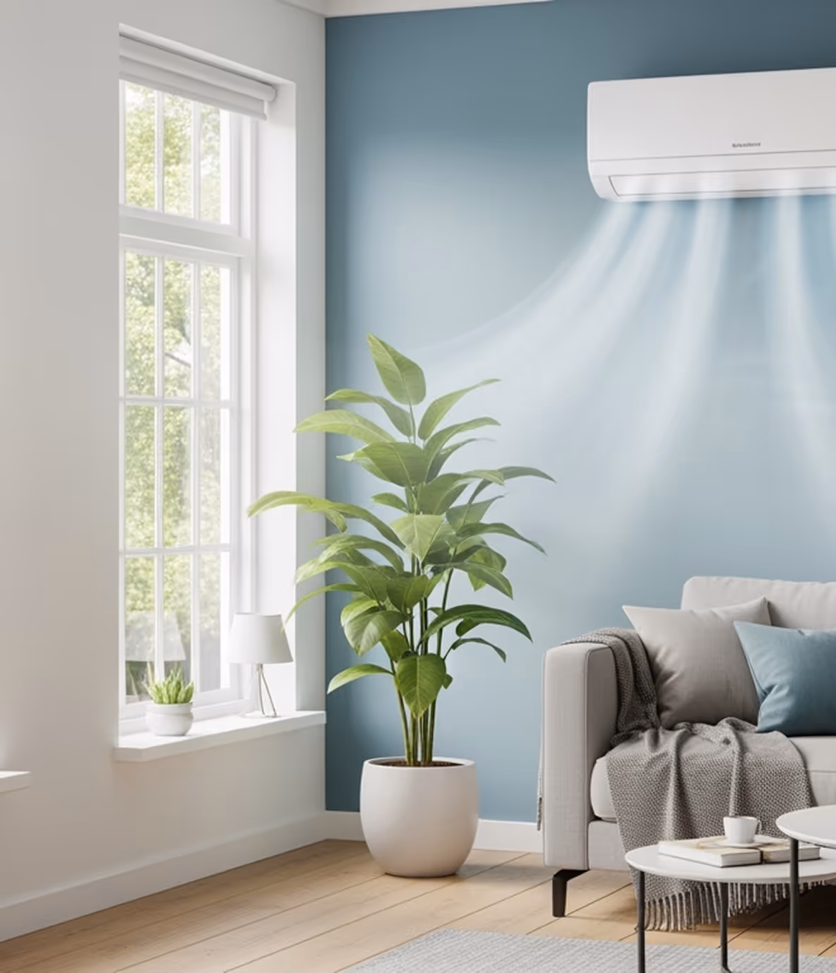 Gezellige woonkamer met blauwgroene muur en airco die koele lucht blaast, gericht op comfort tijdens warme zomerdagen.