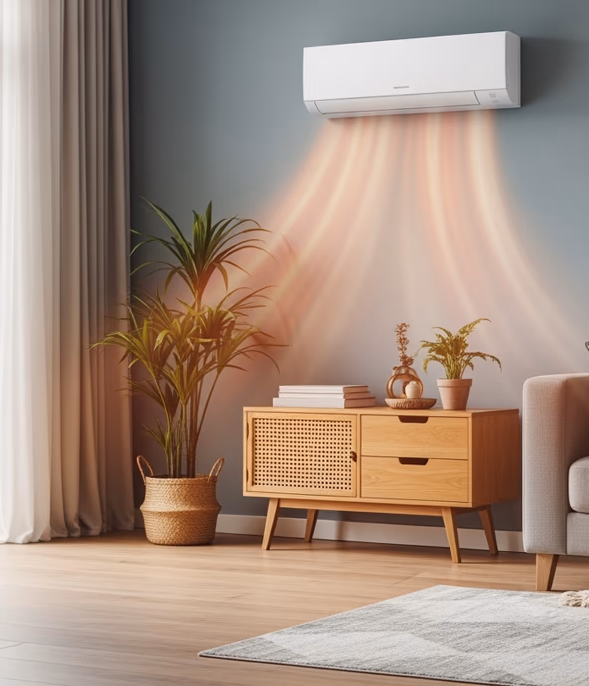 Woonkamer met moderne airco die warme lucht verspreidt, met natuurlijke kleuren en comfortabele inrichting.