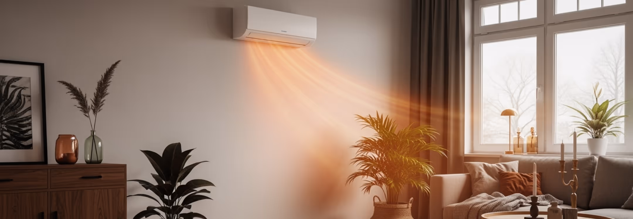 Airco verwarmt een sfeervolle woonkamer met oranje luchtstromen, geschikt voor comfortabele verwarming in de winter.
