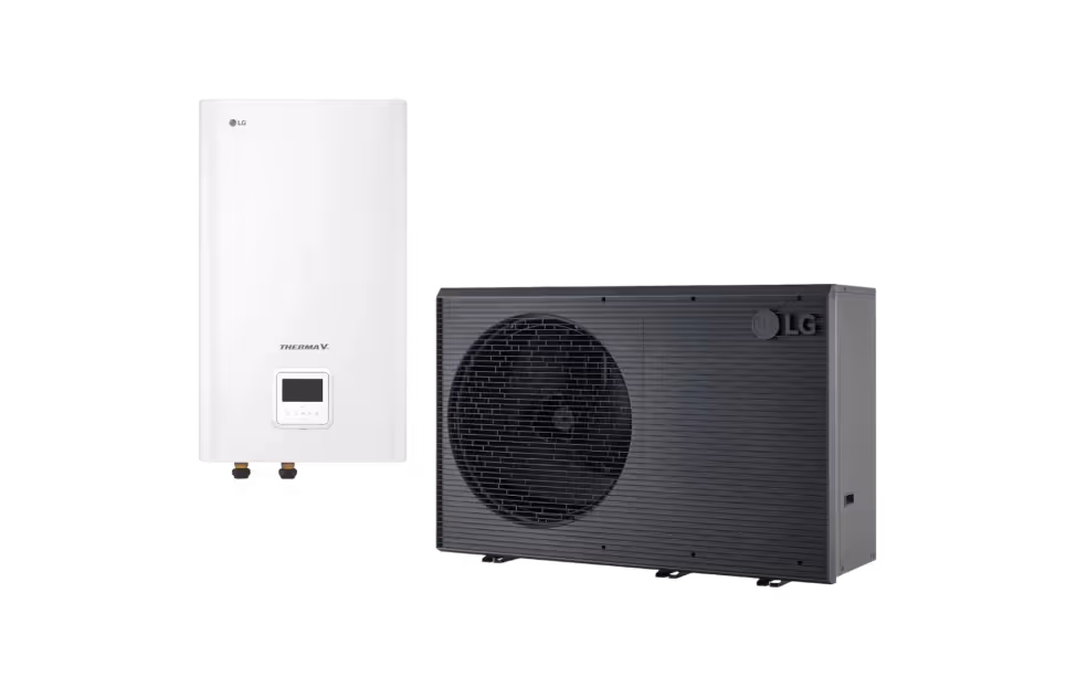 LG Therma V warmtepomp met witte binnenunit en grijze buitenunit naast elkaar