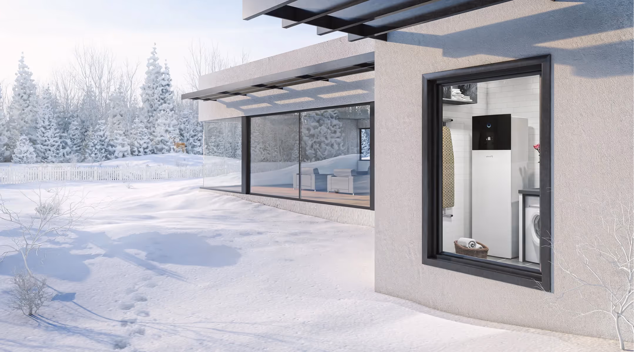 Moderne woning in een besneeuwde omgeving met zicht op een warmtepomp binnen.