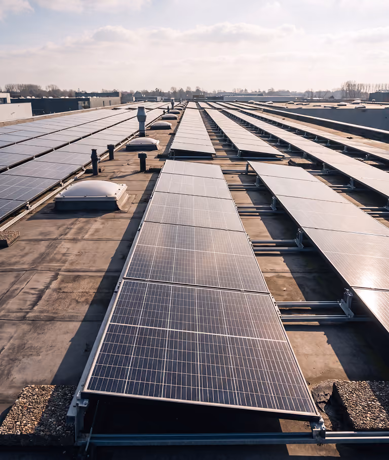 Rijen zonnepanelen op een plat bedrijfsdak van bovenaf gezien