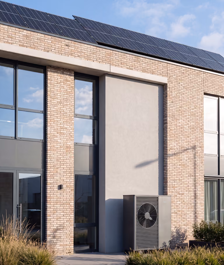 Bedrijfspand met zonnepanelen op het dak en een warmtepomp tegen de gevel