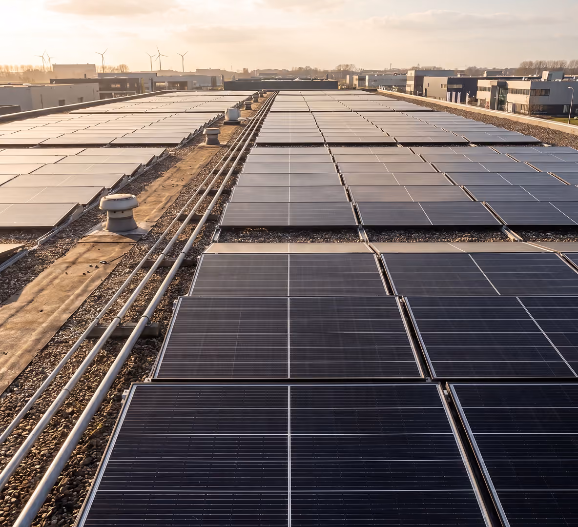 Grote zonnepaneelinstallatie op een plat bedrijfsdak met windmolens op de achtergrond