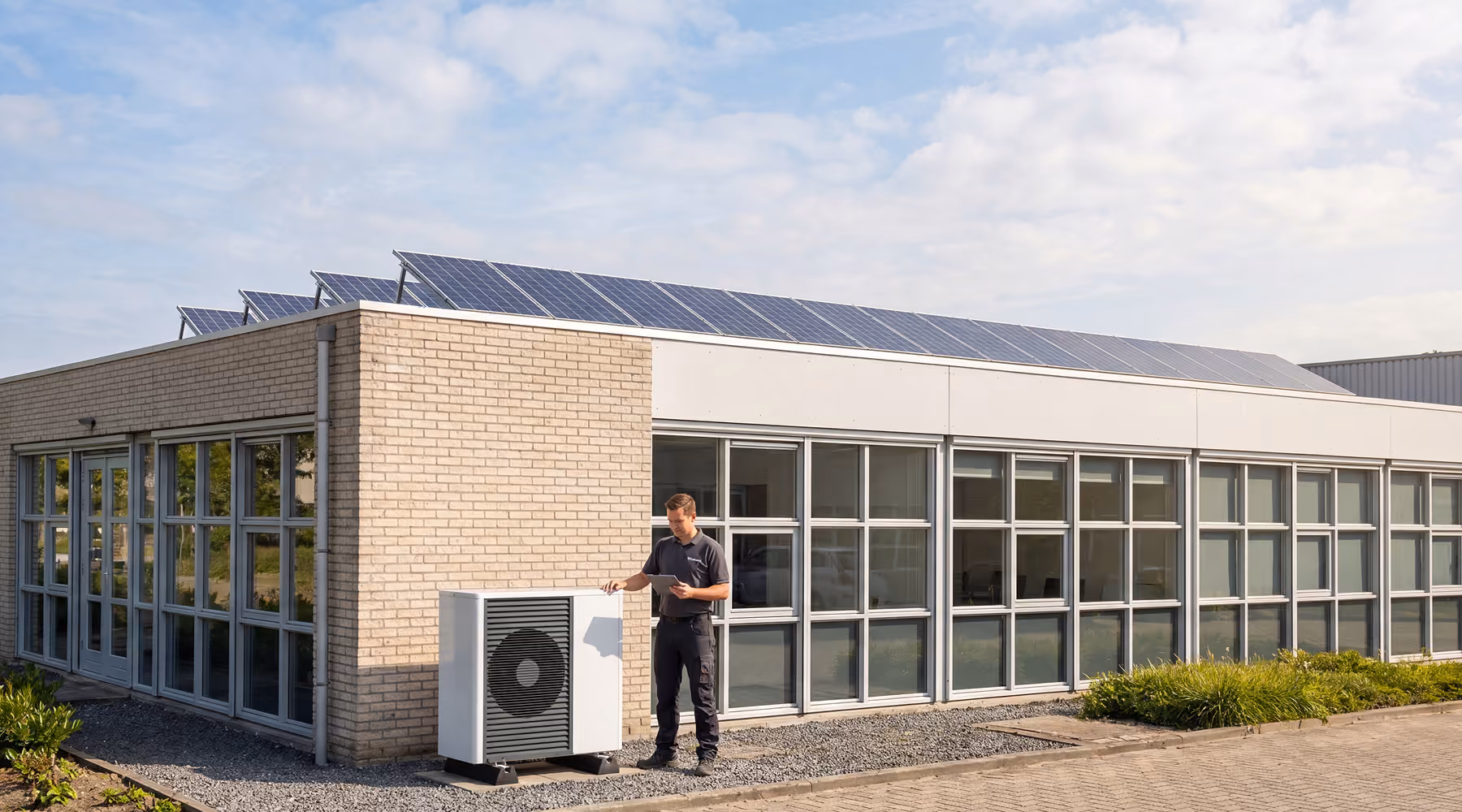 Monteur met tablet bij een warmtepomp naast een bedrijfspand met zonnepanelen op het dak