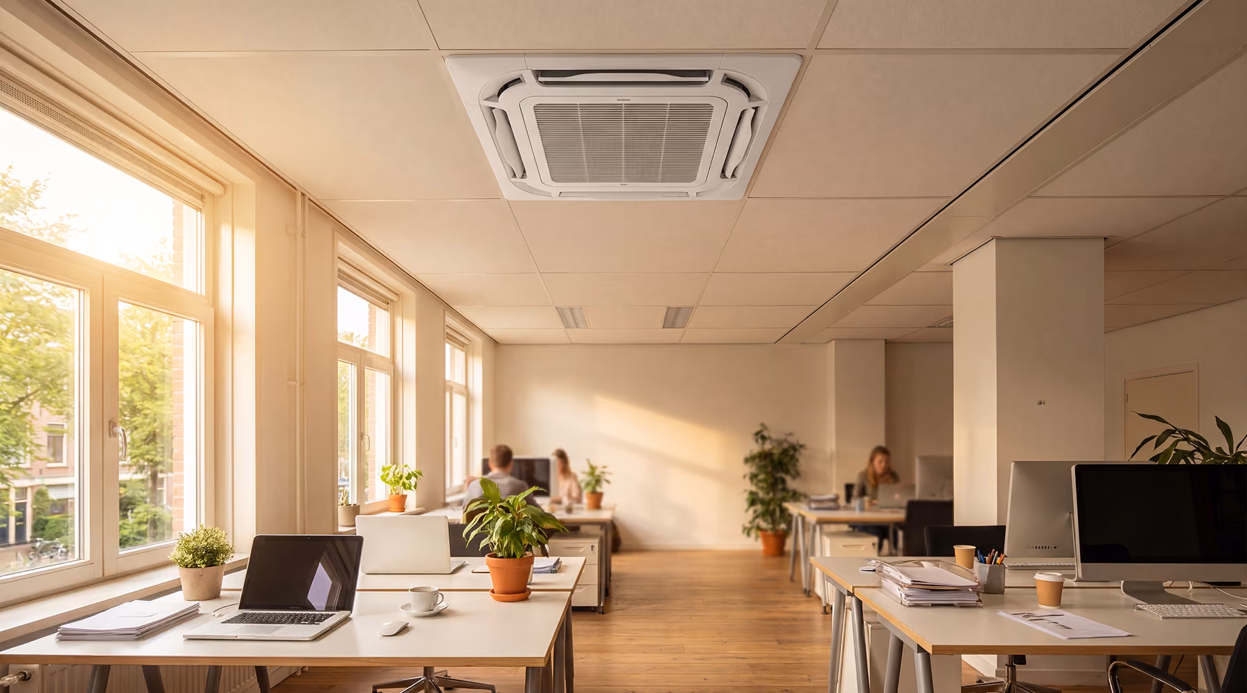 Cassette-airco in het plafond van een licht en modern kantoor met bureaus
