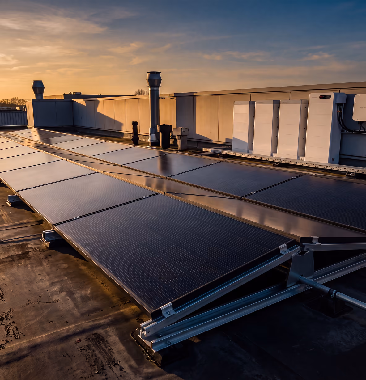 Zonnepanelen op een plat bedrijfsdak bij zonsondergang met thuisbatterijen aan de muur