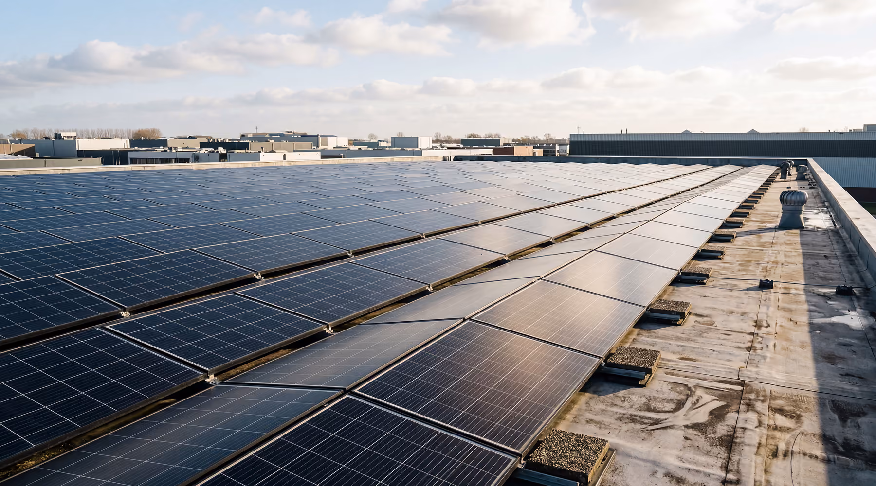 Groot dak van een bedrijfspand volledig bedekt met zonnepanelen