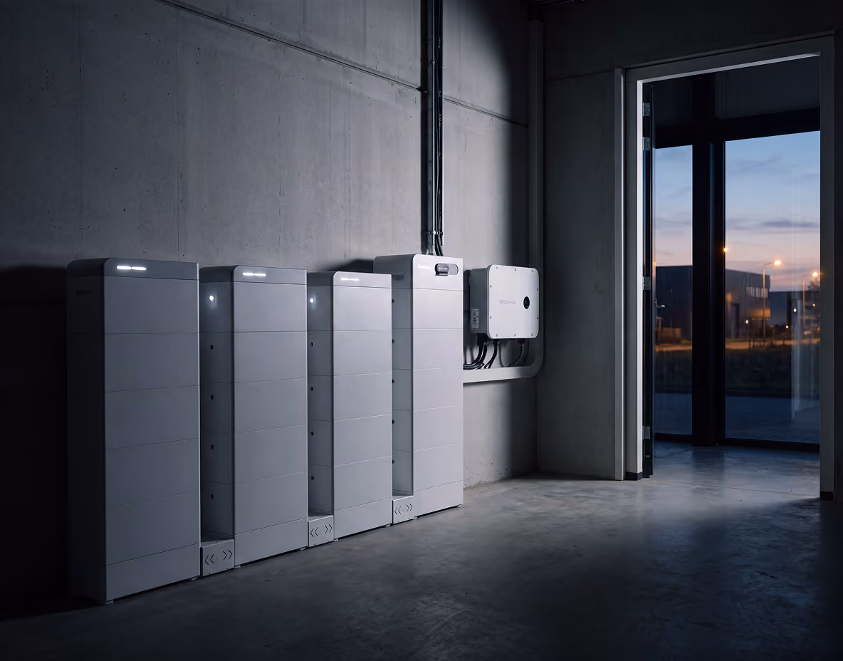 Witte batterijmodules met omvormer tegen een betonnen wand in een bedrijfspand bij schemering
