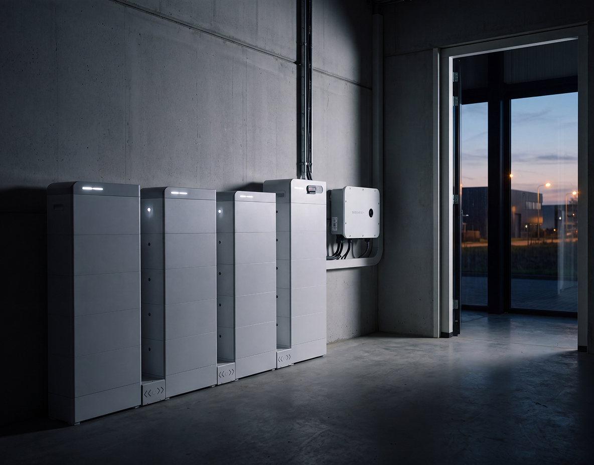 Witte batterijmodules met omvormer tegen een betonnen wand in een bedrijfspand bij schemering