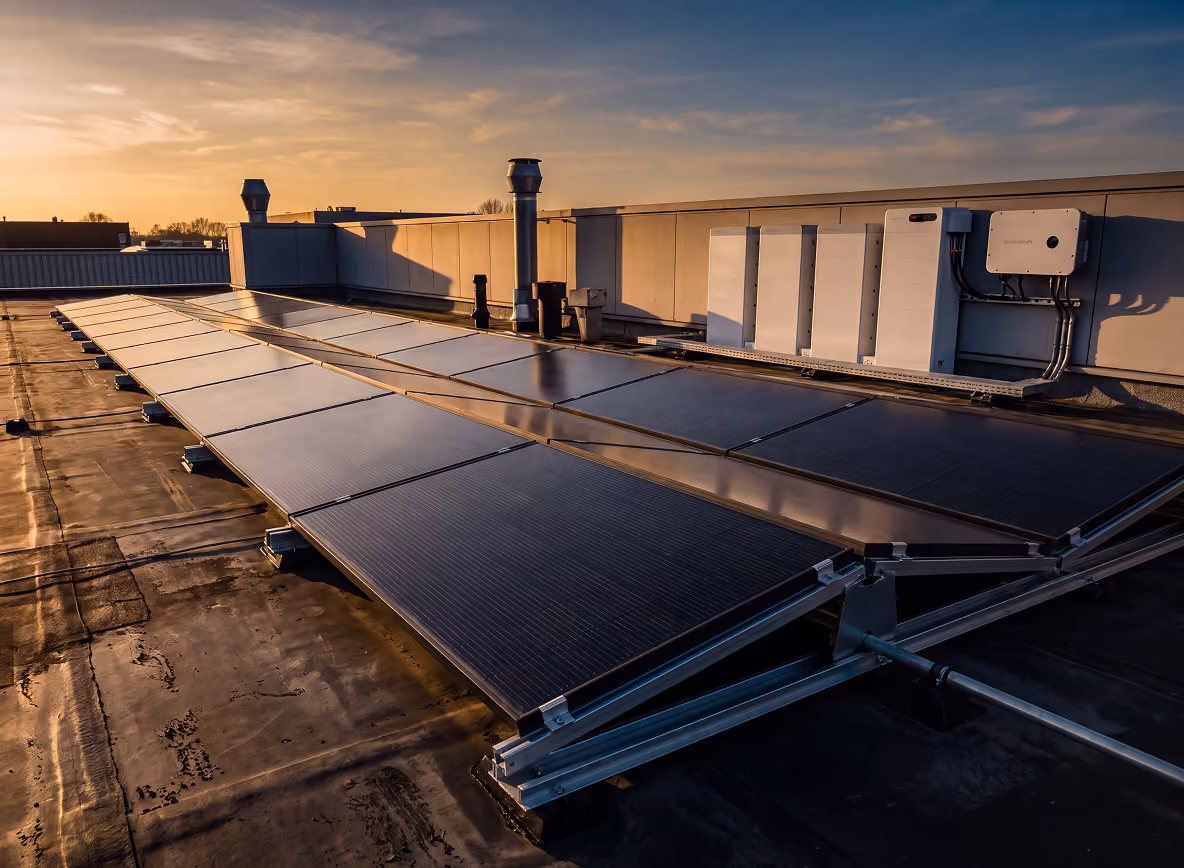 Zonnepanelen op een plat bedrijfsdak met opslagbatterijen bij zonsondergang