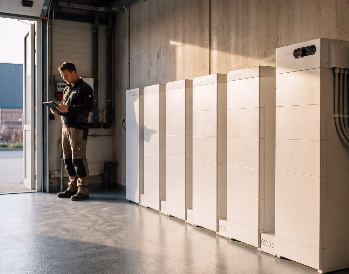 Monteur met tablet controleert een rij zakelijke opslagbatterijen bij een geopende deur