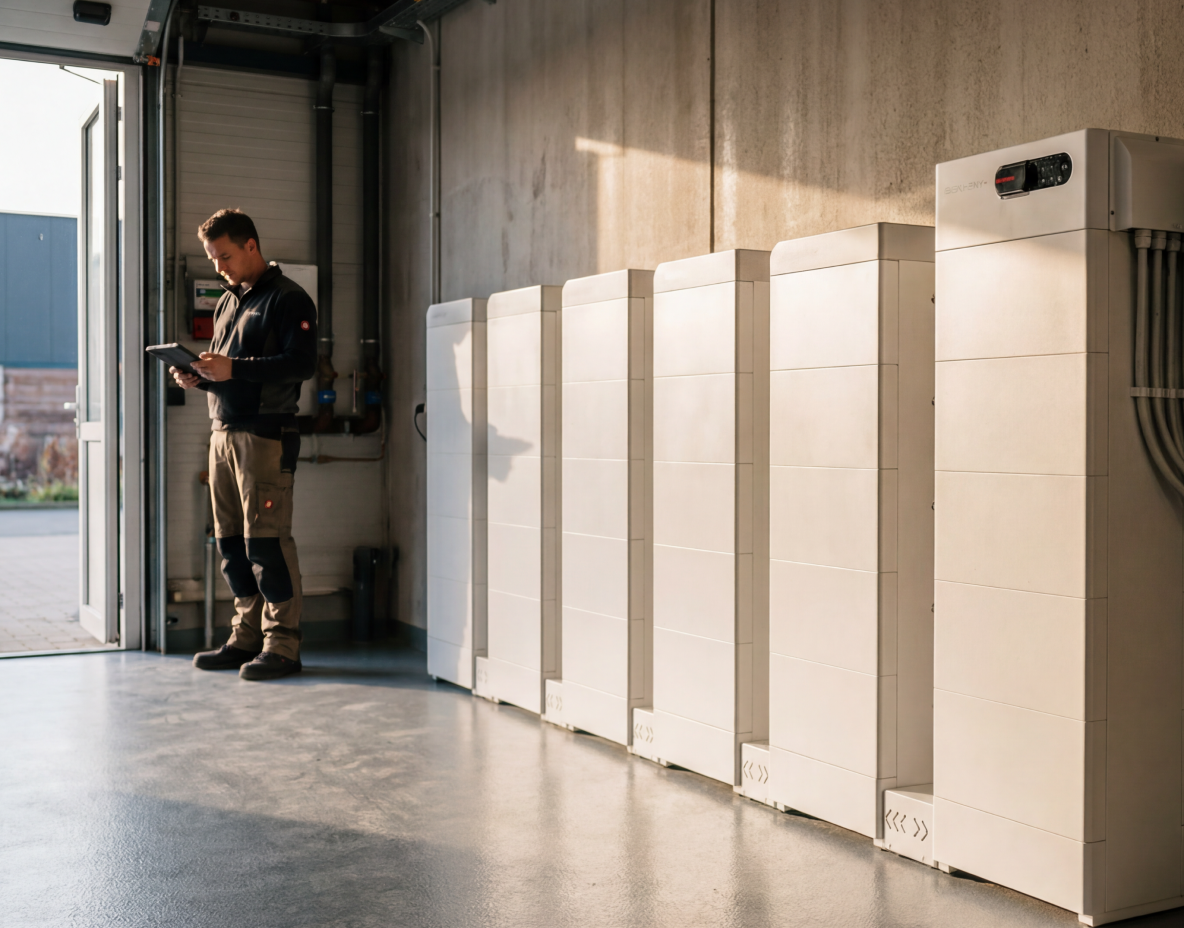 Monteur met tablet controleert een rij zakelijke opslagbatterijen bij een geopende deur