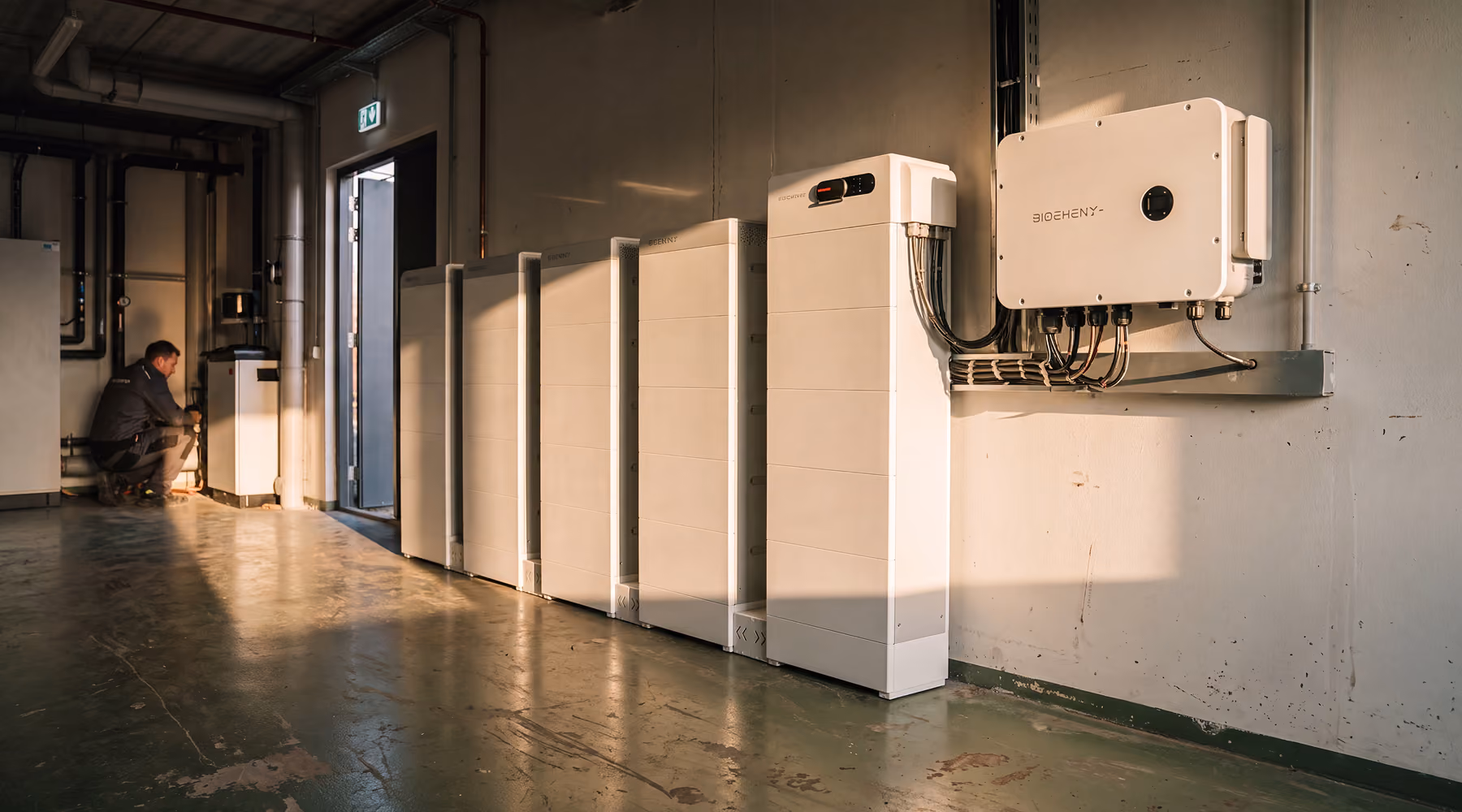 Rij witte energieopslagbatterijen met omvormer in een technische ruimte, met monteur op de achtergrond